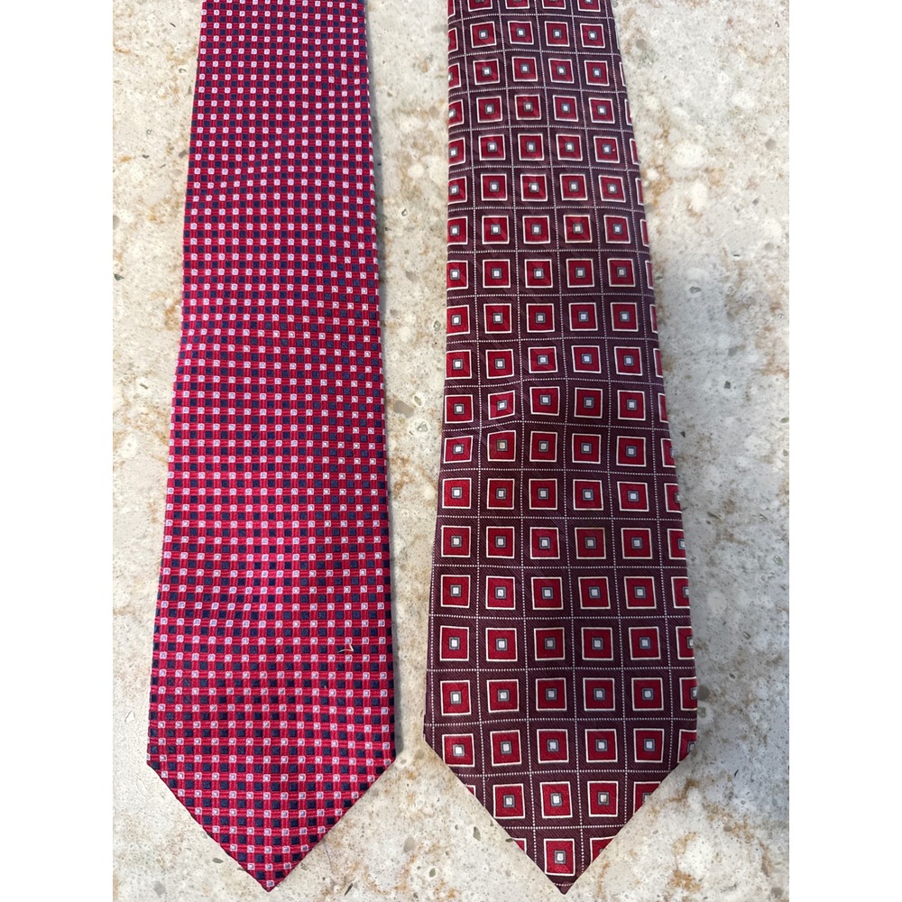 Lot of 2 Mens Silk Ties Carlos Devenezia Burgundy Saddlebred Red Blue Geometric